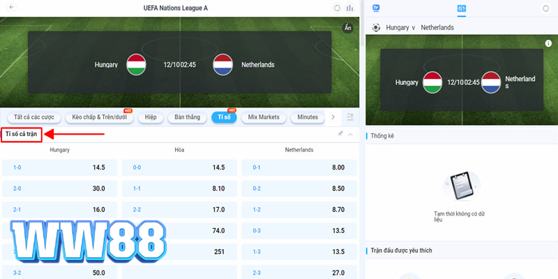 Bảng tỷ lệ cho dạng cược tỷ số chính xác ở trận Hungary vs Hà Lan